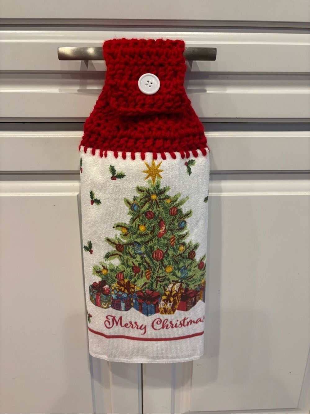 Crochet Top Kitchen Towel-Merry Christmas (tree)
